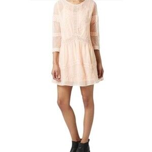 Topshop Sheer Lace Embroidered Babydoll Dress Sz 6 Pink Cottage Vintage Inspired